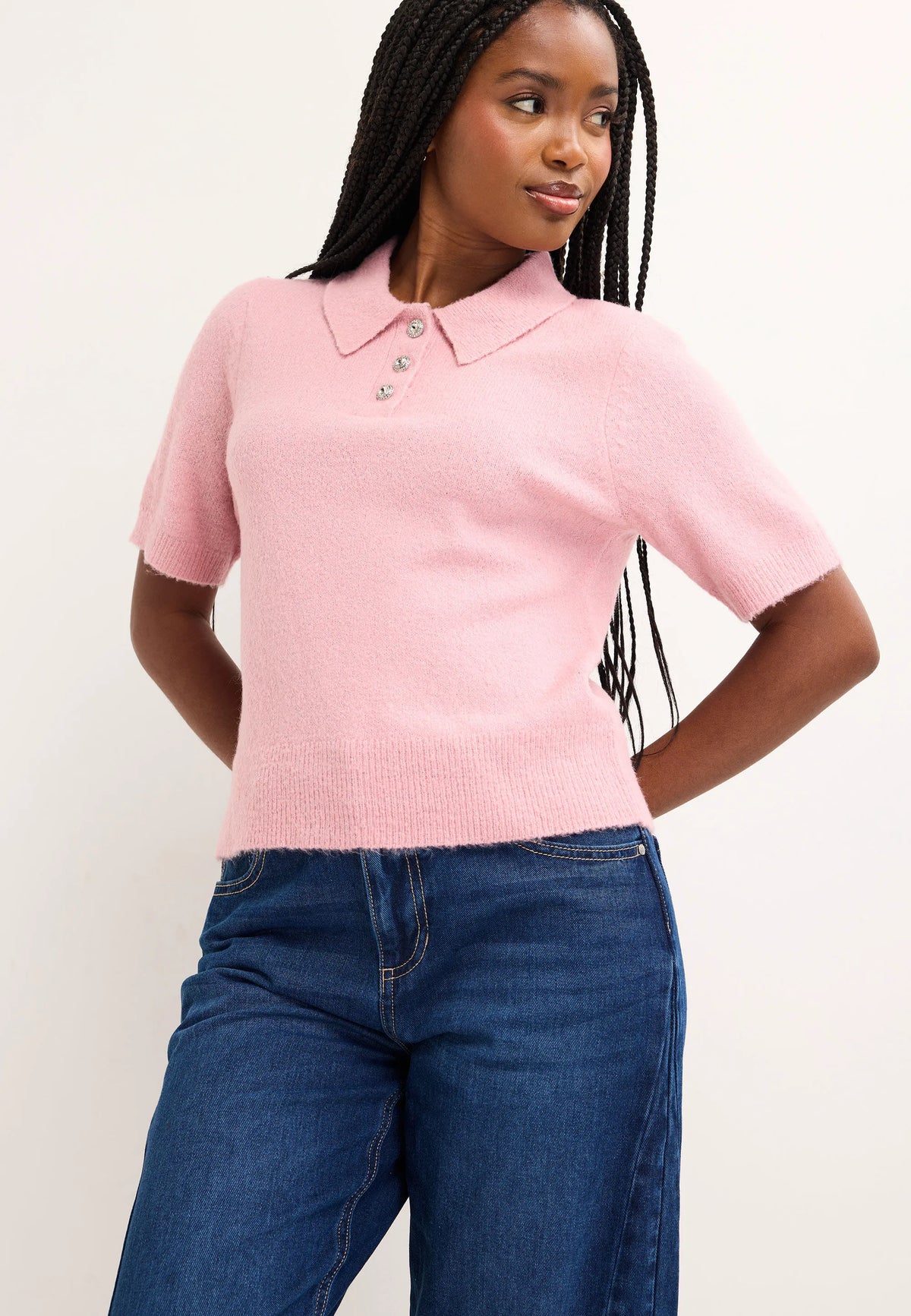 Womens Pink Diamante Button Collar Jumper