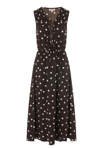 Womens Chocolate Polka Dot Tie Front Midi Dress