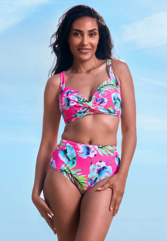 Womens Pink Leaf Print High Waist Bikini Briefs