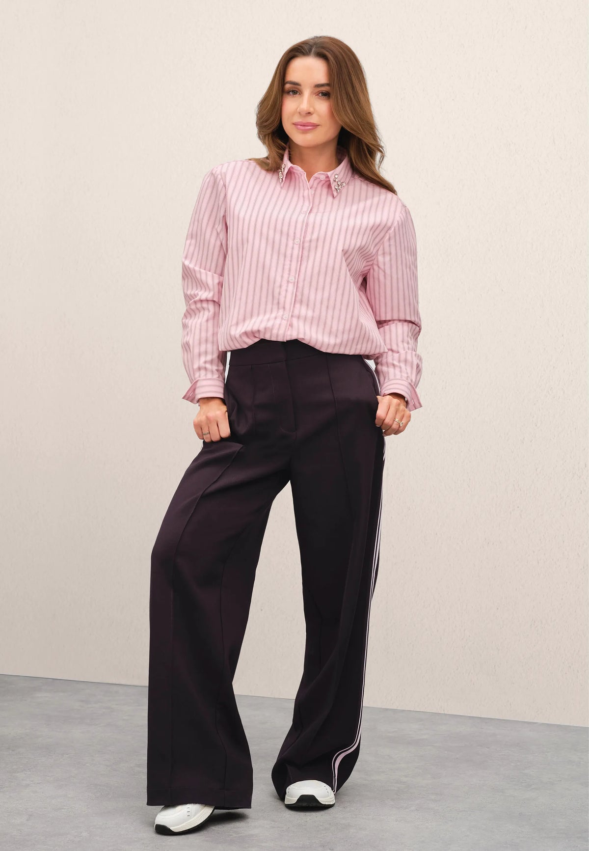 Womens Pink Stripe Diamante Tuck Hem Shirt