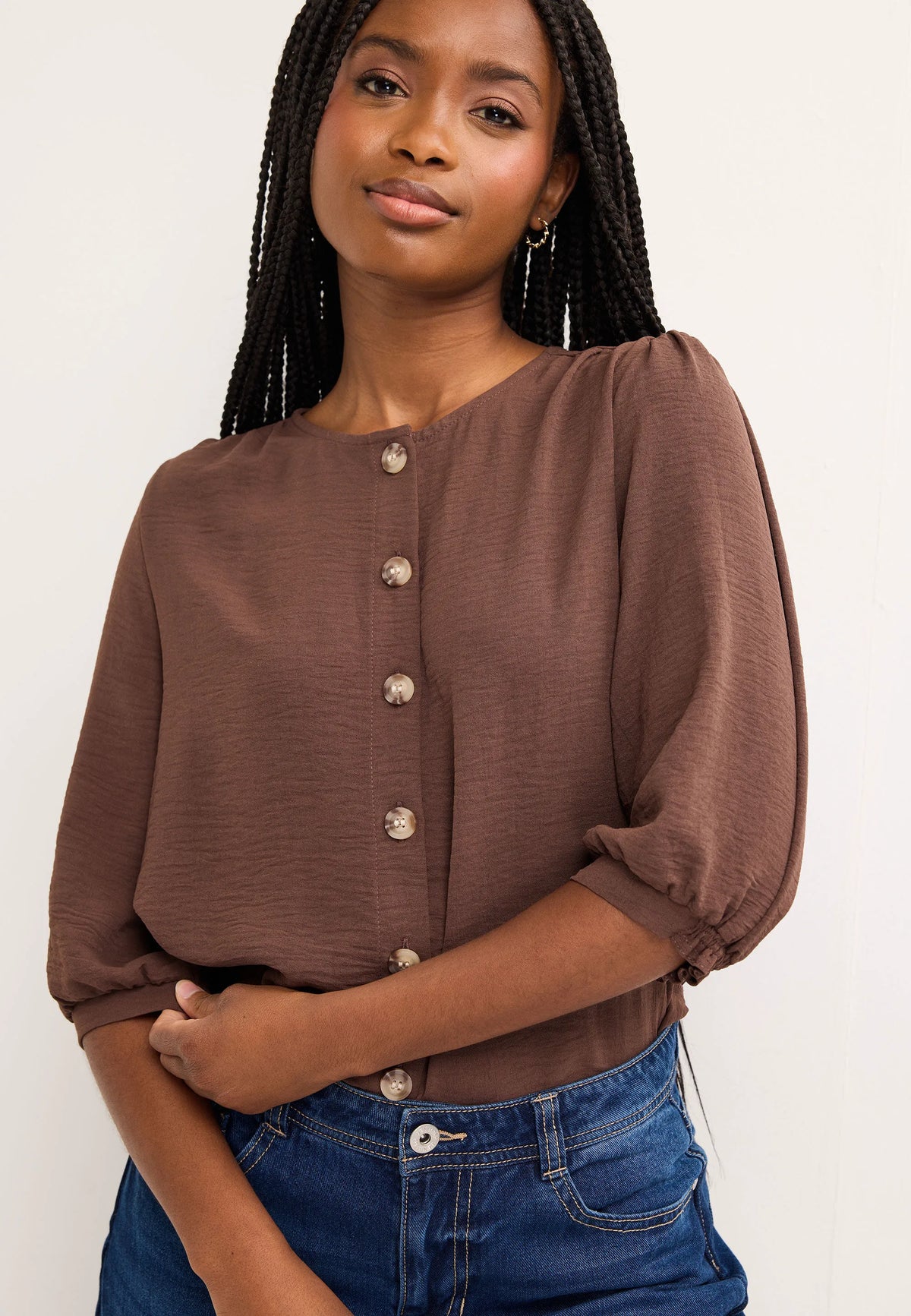 Womens Chocolate Brown Button Through Blouse Top