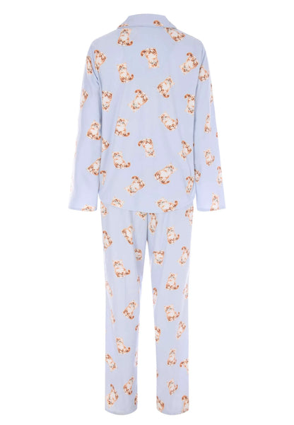 Womens Blue Cat Print Long Pyjama Set